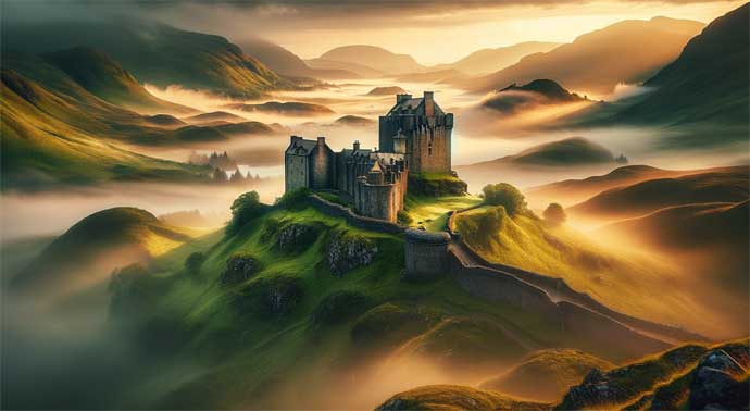 1980 x 1080 scottish medival hills with castle, semi realistic, neural love, cc0